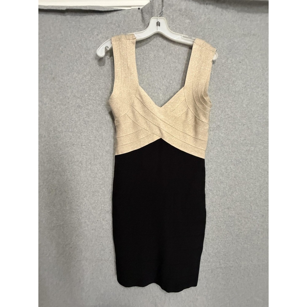 Bebe Dress Womens L Black Colorblock Bandage V Neck Bodycon Short Party Cocktail